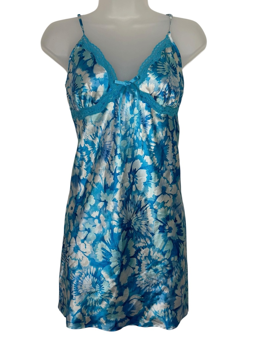 Linea Donatella Vintage 90s Blue Tie Dye Print Silky Slip Dress Y2K Lace Femme M